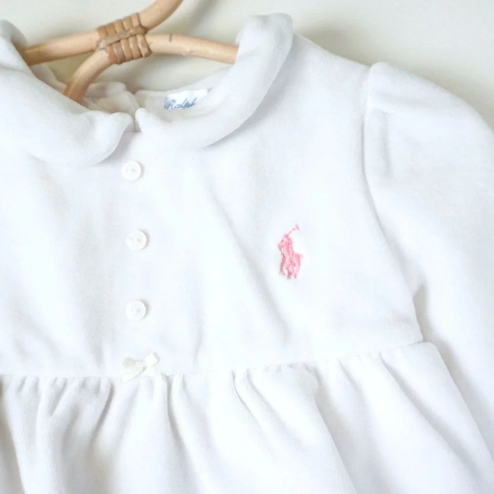 Ralph Lauren Tiered Velour Dress‎ Baby 12M White Long Sleeve Ruffle Pony Logo